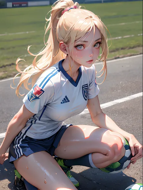 Best Quality, masutepiece,  High resolution, (Photorealistic:1.4), Raw photo, 1 beautiful girl ,Womens Soccer Players ,small head,Large breasts,nice legs, Glowing skin, Sweat,At the soccer venue,(Detailed beautiful face:1.4),detailed skins,Detailed eyes,de...