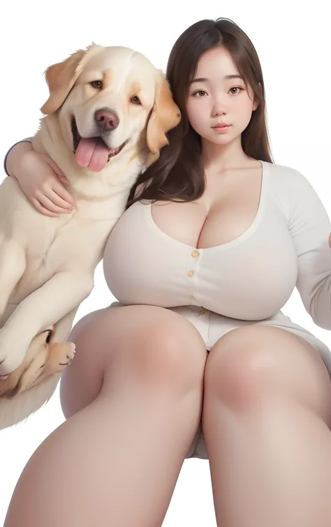 (best quality), big head, (1girl with gigantic breasts:1.3) Girl Hugging dog, human and animal, Golden retriever , Korean Girl , White Pale Skin tone , Cardigan , Sit poses , Warming , Fat Girl , Brown Hair , Straight Brown Hair , UHD , 8K , Details Hand