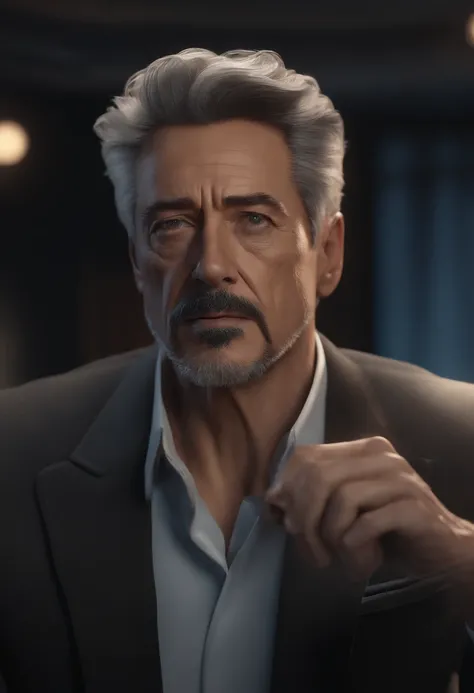 Marvel, Old man Tony Stark, realistically, dynamic lights, old, gray stubble, full shoot, (extremely detailed CG unity 8k wallpaper), trending on ArtStation, trending on CGSociety, High Detail, Sharp focus, dramatic, photorealistic