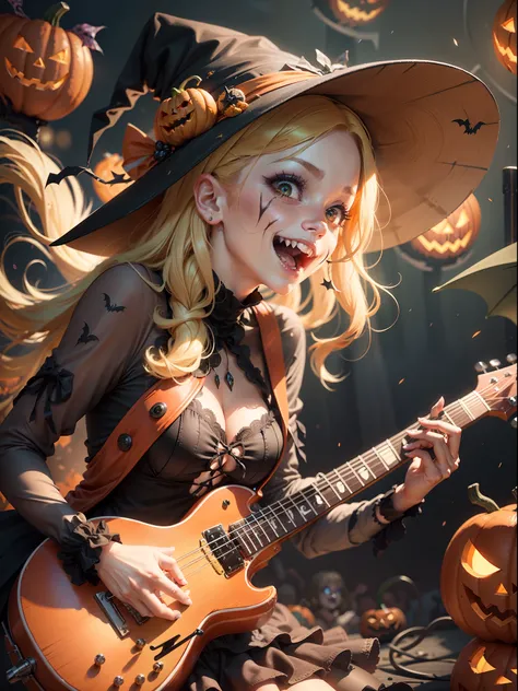 Rock n roll scene，There are drum kits and basses，The lead singer in a pumpkin costume sings loudly in the spotlight！There are a lot of ratings out there
Girl in zombie costume playing pumpkin drum on Halloween celebration stage, （Jack-o-lantern:1.1），（the b...