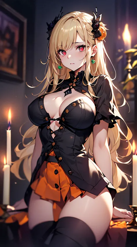 top-quality、Top image quality、​masterpiece、girl with((Beautiful fece、20yr old、Best Bust、big bast、Bust 85,Red eyes to issue、Breasts wide open,Valley、Blonde long hair、A slender、Black Y-shirt with the second button open、Blackberry Short Skirt、Large valleys、Ha...