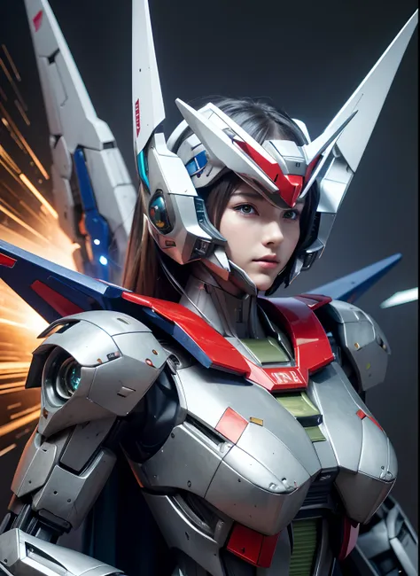 Textured skin, Super Detail, high details, High quality, Best Quality, hight resolution, 1080p, hard disk, Beautiful,(Gundam),(Superheroine),beautiful cyborg woman,Mecha Cyborg Girl,Battle Mode,Girl with a Mecha Body,She wears a futuristic Gundam mecha,Ful...