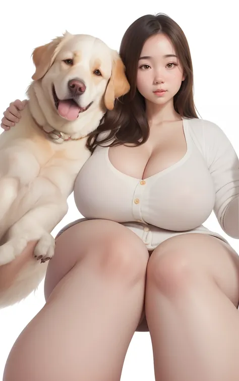 (best quality), big head, (1girl with gigantic breasts:1.3) Girl Hugging dog, human and animal, Golden retriever , Korean Girl , White Pale Skin tone , Cardigan , Sit poses , Warming , Fat Girl , Brown Hair , Straight Brown Hair , UHD , 8K , Details Hand