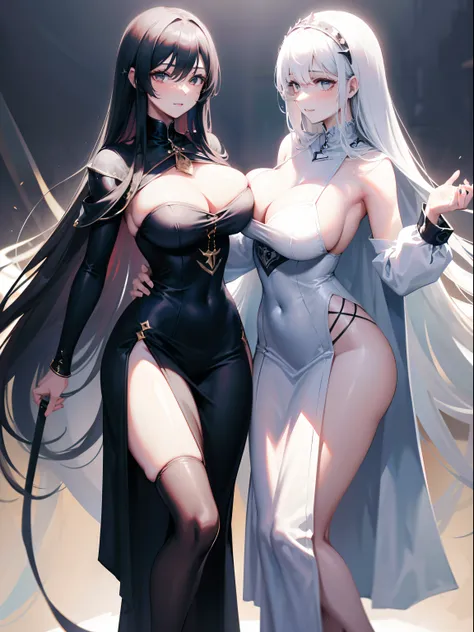 Masterpiece+, Official+++,   all intricate,  glistning skin+, Oily skin+, Attractive proportions,  Sadistic charming smile,  torogao,  Awesome metallic surface texture, (), breast enhancement, huge boob, toned female, Two nun characters stand side by side,...