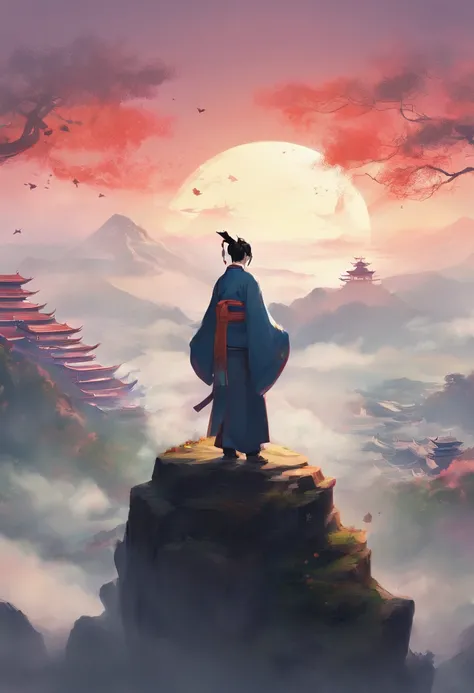 Hanfu man standing on the top of the mountain，Back，Spread your arms，Raise your head to heaven and earth with Japanese buildings