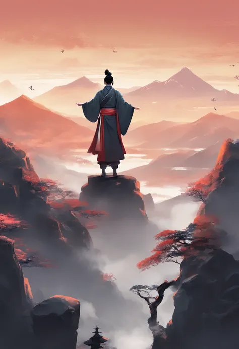 Hanfu man standing on the top of the mountain，Back，Spread your arms，Raise your head to heaven and earth with Japanese buildings