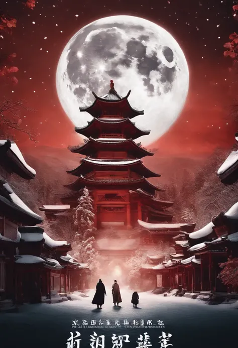 Chinese movie poster，red tint，A giant moon illuminates the entire village，The village is all covered in snowflakes，A white fox demon with 9 tails spits out a night pearl and heads towards the moon，In the lower right corner, there is a house in which severa...