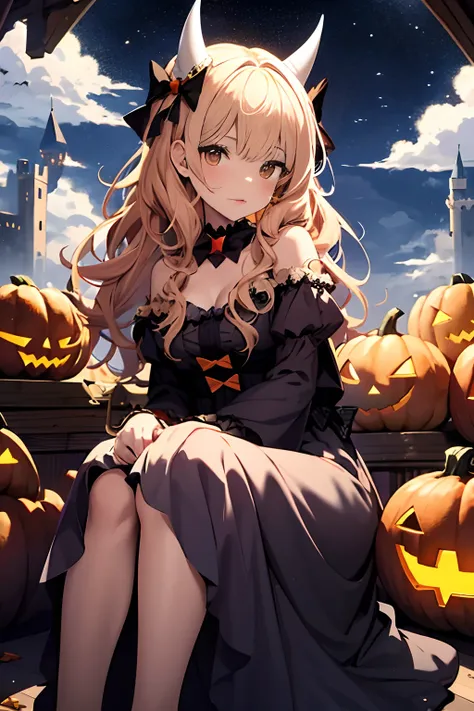 1girll, Halloween, Halloween costumes,Solo,  Christmas party, Devil costume, bell, Star, pumpkins，the bats，Clouds, Dynamic Angle, Lolita, Castle, Sit on the big star, magic, Long dress, Simple background, Simple drawing,