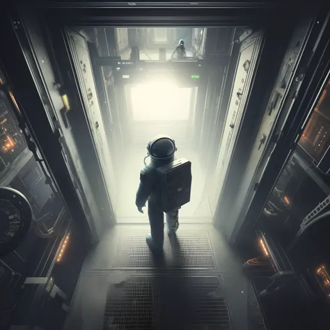 arafed image of a man in a space suit walking through a doorway, sci-fi digital art, sci fi epic digital art, 3 d render beeple, beeple. octane render, dark sci-fi art, cinematic beeple, space sci - fi, sci fi artwork, sci-fi cinematic movie still, in styl...