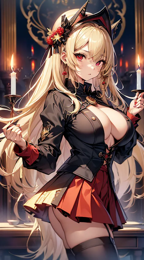 top-quality、Top image quality、​masterpiece、girl with((Beautiful fece、20yr old、Best Bust、big bast、Bust 85,Red eyes to issue、Breasts wide open,Valley、Blonde long hair、A slender、Black shirt、Red Berry Short Skirt、Large valleys、Hands behind your back、bending fo...