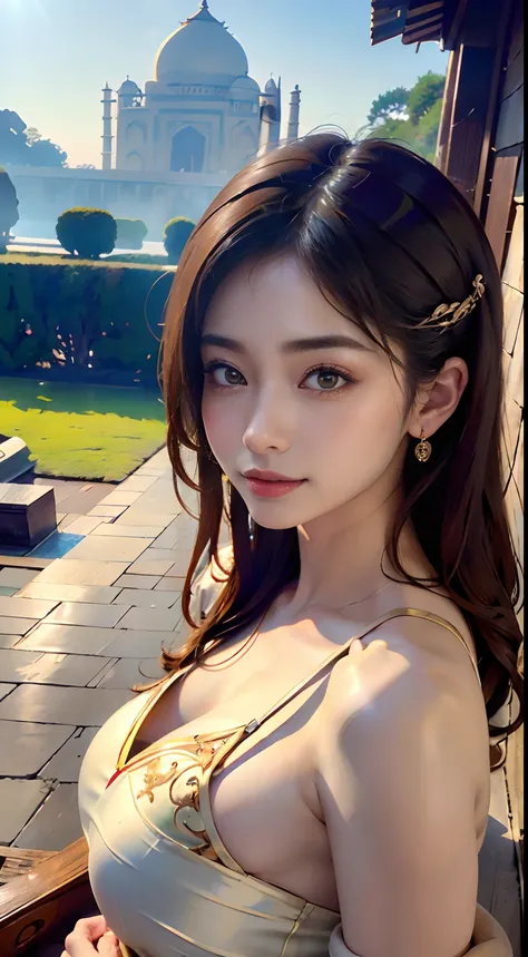 (A hyper-realistic), (hight resolution), (8K), (ighly detailed),  (beatiful detailed eyes), (top-quality), (ultra-detailliert), (​masterpiece), (A detailed face), softfocus、Colossal tits、japanes、Taj Mahal in the background、You can see the front of the Taj ...