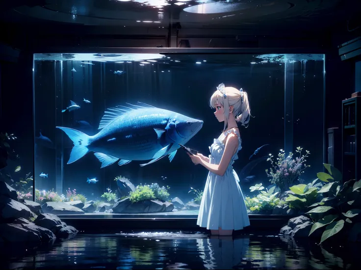 1 girl looking  large aquarium, cinematic lighting, cinematic angle, character focus,from side,sundress , serious face , high resolution,(incredibly absurdres), (hires.fix:1.3),anime visual,ultra detailed CG unity 8k wallpaper, ((masterpiece)), ((top-quali...