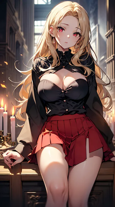 top-quality、Top image quality、​masterpiece、girl with((Beautiful fece、20yr old、Best Bust、big bast、Bust 85,Red eyes to issue、Breasts wide open,Valley、Blonde long hair、A slender、Black shirt、Red Belly Short Skirt、Large valleys、bending forward、Red muffler)）hiqu...