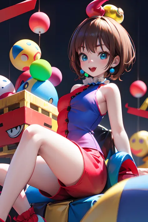 clown girl pomni, brown hair, red and blue eyes, red and blue outfit with round shoulders and thighs, and yellow balls in short, cartoon character of a clown and a red and blue outfit in short, cutecore clowncore, y 2 k cutecore clowncore, jester themed, a...