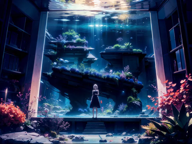 1 girl looking  large aquarium, cinematic lighting, cinematic angle, character focus,from front ,sundress , serious face , high resolution,(incredibly absurdres), (hires.fix:1.3),anime visual,ultra detailed CG unity 8k wallpaper, ((masterpiece)), ((top-qua...