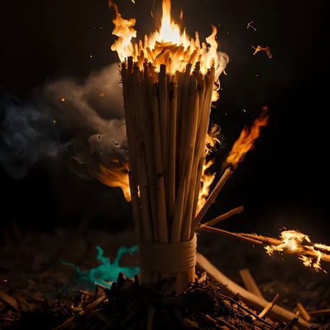 Theres a bunch of toothpicks that are lit with fire, casting a flame spell, casting a fire spell, casting a protection spell, holy flame spell, Queima de bruxas, emitting smoke and sparks, torches in ground, incenso, tochas flamejantes e forcados, Dramatic...