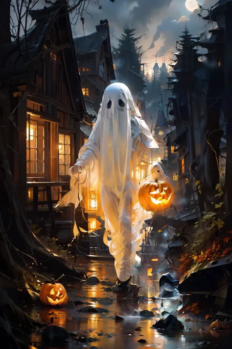 Masterpiece,Best quality,Ultra-detailed,Photorealistic,Realistic,Photography,1girll,Ghost costumes,pumpkins,forest,Night,Moon,