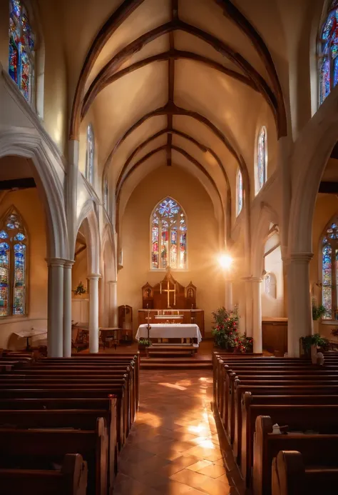 A realistic image of a quiet church on a peaceful Sunday morning, with sunlight streaming through stained-glass windows and hymns being sung. Shot from a high angle to capture the sense of reverence and spirituality.