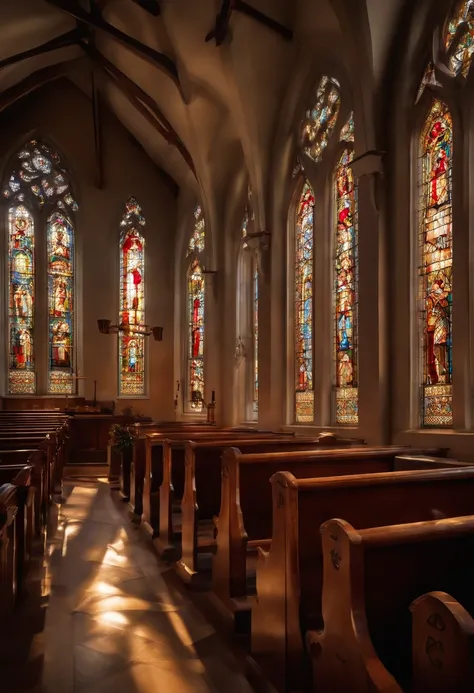 A realistic image of a quiet church on a peaceful Sunday morning, with sunlight streaming through stained-glass windows and hymns being sung. Shot from a high angle to capture the sense of reverence and spirituality.