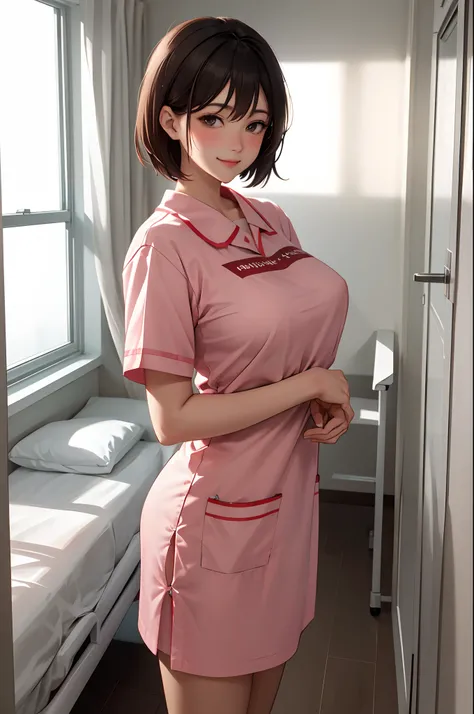 1lady standing next to the bed, nurse, /(nurse uniform/), /(brown short hair/), blush kind smile, (masterpiece best quality:1.3) delicate illustration ultra-detailed , large breasts BREAK /(hospital patient room/) patients bed /(window tree/)