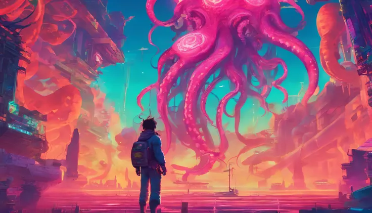 Anime - A stylistic image of a tiny man standing in front of a giant octopus, Huge octopus，A beer bottle，mechanized，Cyberpunk style，Fine details. anime big breast. Anime epic artwork, dreamy psychedelic anime, colorful concept art, emotional concept art, B...