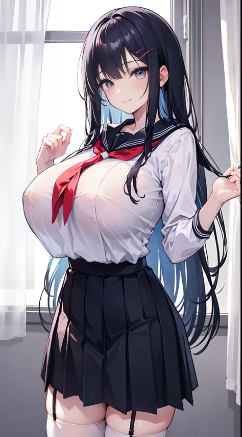 Long black hair that reaches the waist，Lilac eyes，Thin hair curtain，Two hair curtains on both sides，dishiveredhair，chiquita，Black sailor uniform school uniform，huge tit，White skin of the，with hands behind her back，light  smile，black lence stockings，Whole b...