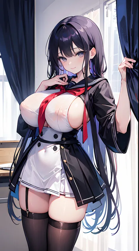 Long black hair that reaches the waist，Lilac eyes，Thin hair curtain，Two hair curtains on both sides，dishiveredhair，chiquita，Black sailor uniform school uniform，huge tit，White skin of the，with hands behind her back，light  smile，black lence stockings，Whole b...