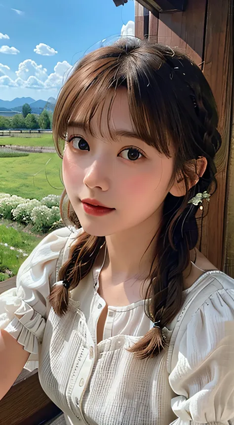 (From the top:1),((1girl in)),Light brown fringed hair、There are small flowers on the head，Braided hair、Light brown eyes、(Dignified Expression)、(White color blouse),No shoulders、White color blouse、((fullnude))、((Emphasize the valley))、grassy fields、blue-sk...