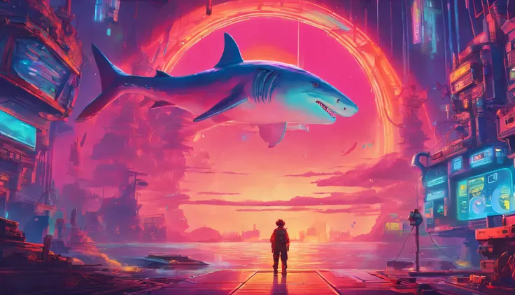 Anime - Style image of a tiny man standing in front of a giant shark, Huge whales，A beer bottle，mechanized，Cyberpunk style，Fine details. anime big breast. Anime epic artwork, dreamy psychedelic anime, colorful concept art, emotional concept art, Beeple e J...