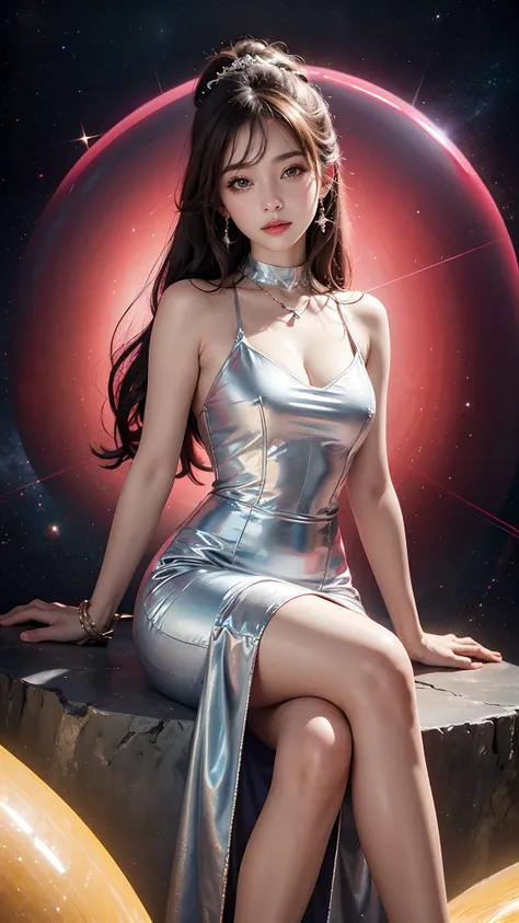 8K ultra hd, masterpiece, best quality, a beautiful girl, long hair, impressive hairstyle, crystal dress, silver dress, shining, glowing skin, pink lighting, space background, sitting poses,