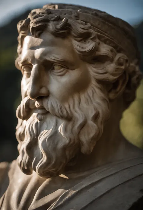 Uma imagem fotorrealista de ZEUS acima do Partenol de Atenas, with beautiful lighting. Photographed from a close angle to capture the sense of grace and beauty.