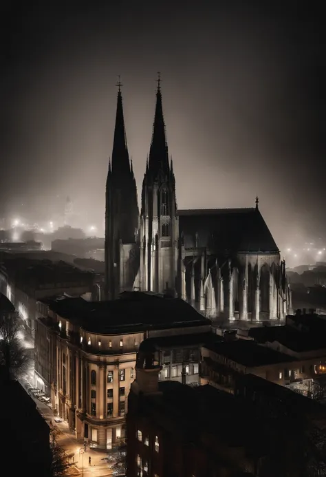 photo-realistic high-contrast, ultra wide angle perspective distortion, foggy, dark, moody, surreal, cathedral in city at night, surrounded by towering skyscrapers,