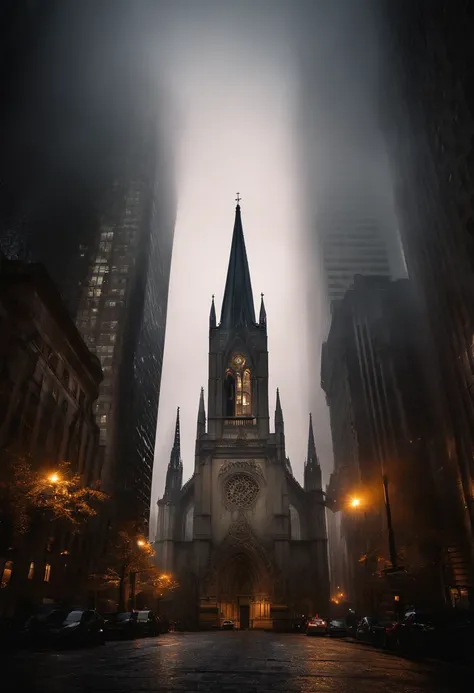 photo-realistic high-contrast, ultra wide angle perspective distortion, foggy, dark, moody, surreal, cathedral in city at night, surrounded by towering skyscrapers,