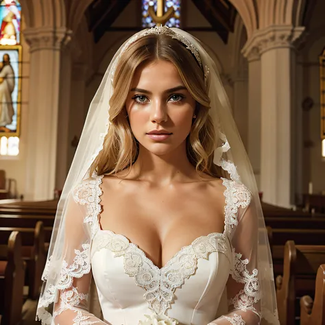 Generate a sexy photoshoot in the church featuring a woman in front of the altar, crying. The charismatic blonde influencer should be 20 years old and approximately 59" tall. She has a beautiful (blonde wedding hairstyle). She possesses a fit figure, empha...