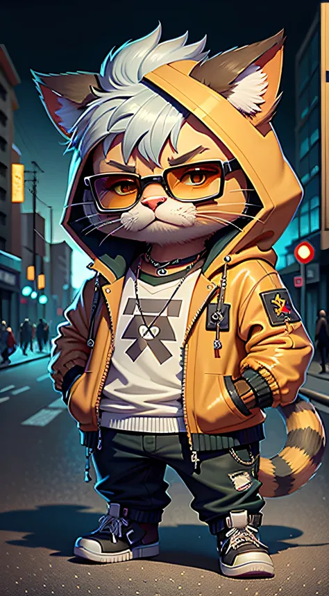 c4tt4stic，A cartoon cat wearing a jacket and sunglasses，,Handsome pose,cyberpunk city street background