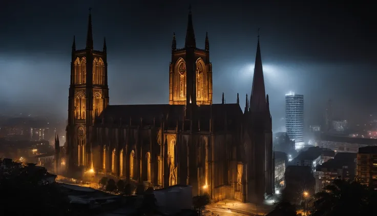 photo-realistic high-contrast, ultra wide angle perspective distortion, foggy, dark, moody, surreal, cathedral in city at night, surrounded by towering skyscrapers,