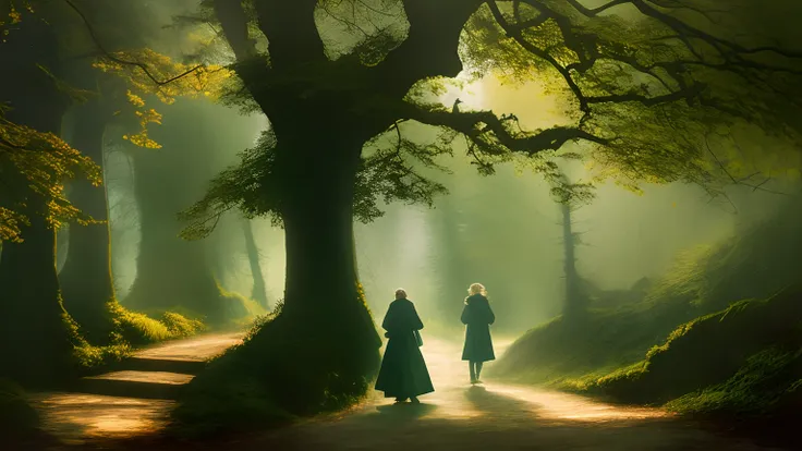 There is a person walking along a path in the forest, inspirado em Jakub Schikaneder, na floresta de outono, menina que caminha na floresta, inspirado em Andreas Rocha, no outono, inspirado em Michael Komarck, Directed by: Eglon van der Neer, Directed by: ...