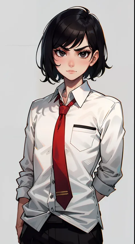 ratatatat74, masterpiece, best quality, 1 man, short hair, black hair, black eyes, student uniform, white shirt, red tie, black pants, upperbody, looking at viewer, simple background