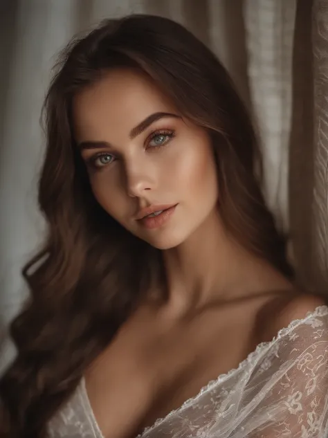 Arafed woman, sexy girl with green eyes, portrait sophie mudd, brown hair and large eyes, selfie of a young woman, bedroom eyes, violet myers, no makeup, natural makeup, looking straight at camera, face with artgram, fine makeup, Stunning full-length shot,...