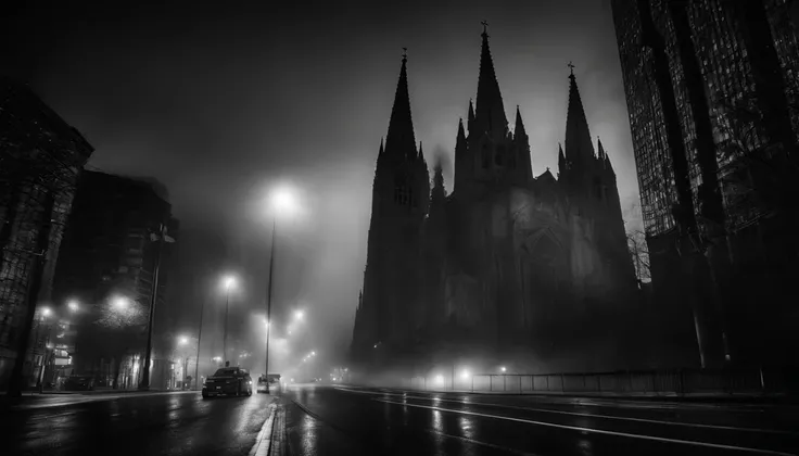 photo-realistic high-contrast,black and white photo, ultra wide angle perspective distortion, foggy, dark, moody, surreal, ((cathedral)) in city at night, dwarfed by towering skyscrapers, (gritty noir), wide-angle shot, handheld shot, muted color grading, ...