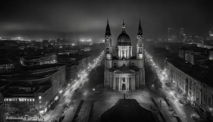 photo-realistic high-contrast,black and white photo, ultra wide angle perspective distortion, foggy, dark, moody, surreal, ((cathedral)) in city at night, dwarfed by towering skyscrapers, (gritty noir), wide-angle shot, handheld shot, muted color grading, ...