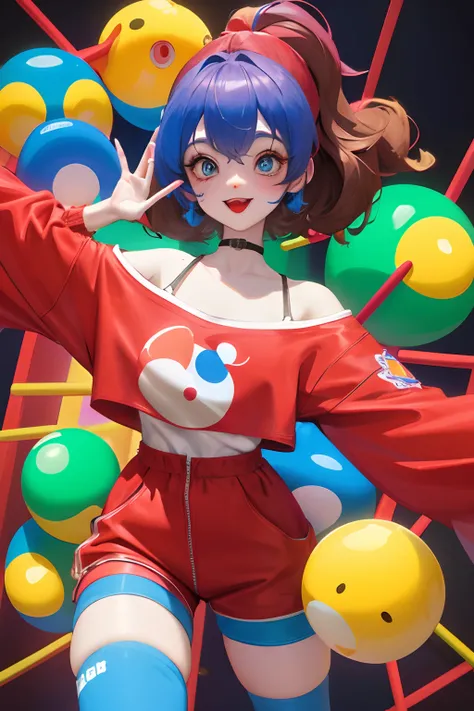 clown girl pomni, brown hair, red and blue eyes, red and blue outfit with round shoulders and thighs, and yellow balls in short, cartoon character of a clown and a red and blue outfit in short, cutecore clowncore, y 2 k cutecore clowncore, jester themed, a...