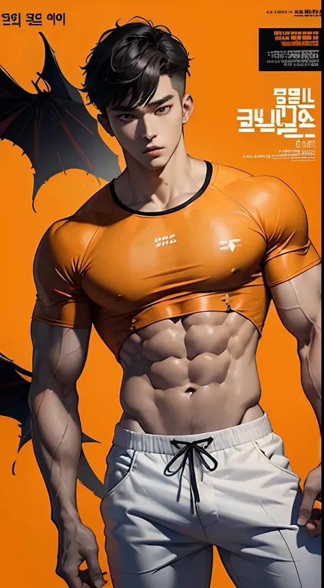 masterpiece, top quality, intricate detail, magazine front page, Korean mens health magazine, Magazines Title with orange color font, halloween issue, a young handsome boy with short pants, T shirt, tall muscle, ((abs)), Kpop idol, looking at camera, beaut...