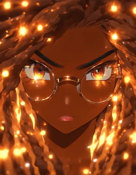 (((Goddess of Beauty with Brown Skin, with glasses on her eyes with long straight hair ,  with glasses over his eyes, with glowing eyes))) Ultra Graphics, 4K quality, computer graphics