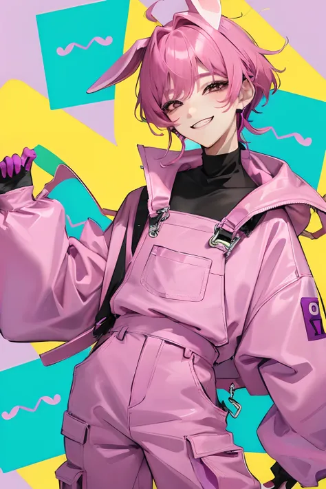 kpop boy wearing a soft purple turtle neck outfit, with a pink fuchsia-colored overalls , yellow gloves, smile with teeth, purple rabbit ear, smirk rizz face