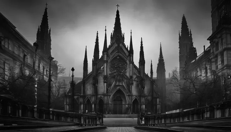 photo-realistic high-contrast,black and white photo, ultra wide angle perspective distortion, foggy, dark, moody, surreal, ((cathedral)) in city at night, dwarfed by towering skyscrapers, (gritty noir), wide-angle shot, handheld shot, muted color grading, ...