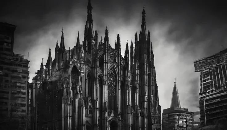 photo-realistic high-contrast,black and white photo, ultra wide angle perspective distortion, foggy, dark, moody, surreal, ((cathedral)) in city at night, dwarfed by towering skyscrapers, (gritty noir), wide-angle shot, handheld shot, muted color grading, ...