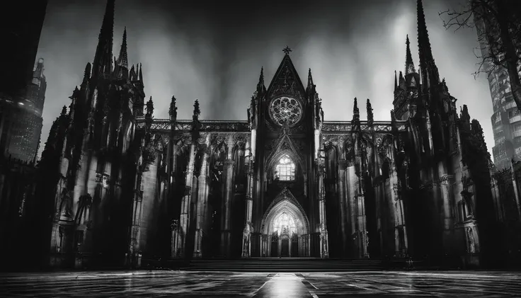 photo-realistic high-contrast,black and white photo, ultra wide angle perspective distortion, foggy, dark, moody, surreal, ((cathedral)) in city at night, dwarfed by towering skyscrapers, (gritty noir), wide-angle shot, handheld shot, muted color grading, ...