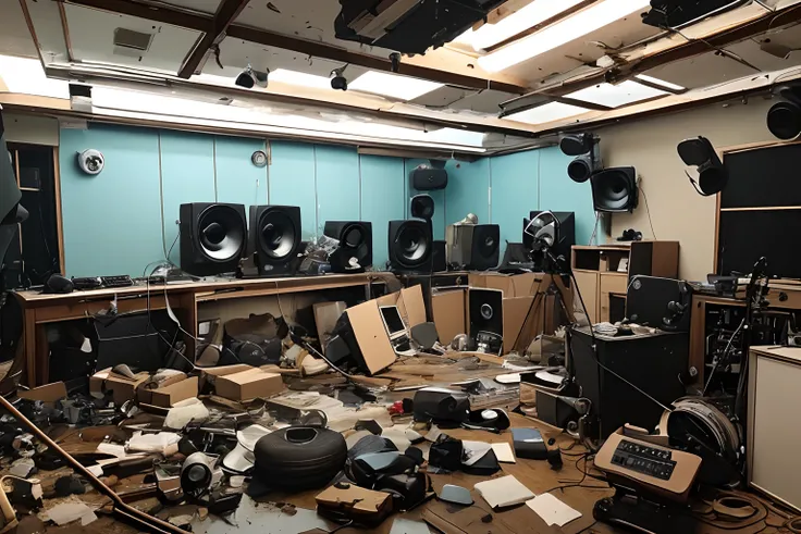 The recording studio overturned and ransacked，Various recording equipment was damaged and collapsed，puffing smoke，废墟，Real details