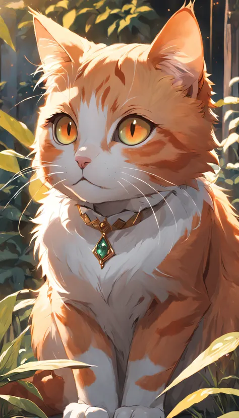 Garden cat，Under the sun，Warm orange hair，Detailed sketch style，Close-up view focused on cats eye，Maos eyes are painted with a jewel-like material，Add cat purr，Its a warm and peaceful scene.